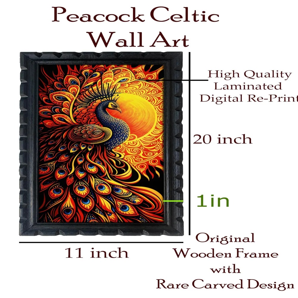 Celtic Peacock Wall Art, 28 x 51 cm, Laminated Digital Print, Black Carved Wooden Frame,for Wall