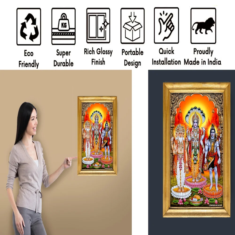 Hindu Religious Wall Art Frame with Brahma Vishnu Shiva, 33 x 51 cm, Premium Wooden Frame, Glossy Laminated Digital Print
