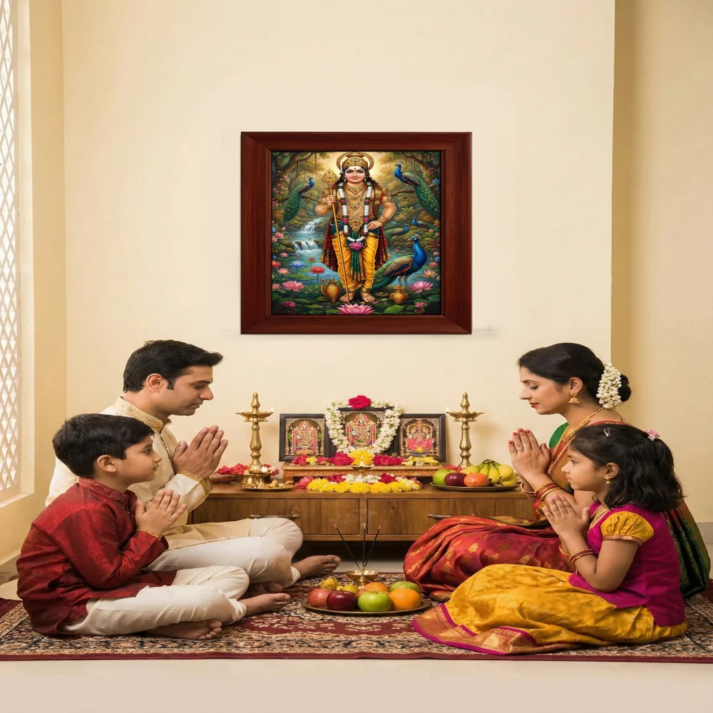 EMPEROR ART GALLERY®,Lord Subramanya Swamy Framed Wall Art, Premium Wooden Frame, Film Laminated Digital Photo Print, 16.6 x 21.8 inches, Religious Hindu Deity Decor