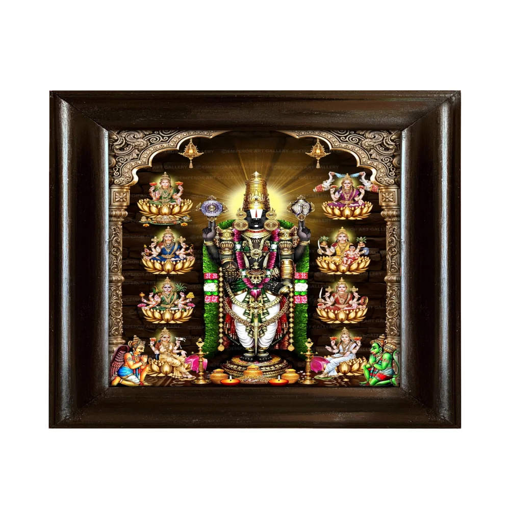 EMPEROR ART GALLERY®,Venkateshwara with Ashtalakshmi Religious Photo Frame, Premium Black Polished Wood, 43.18 x 50.8 cm, Digital Print with 3mm Glass