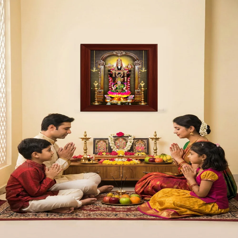 EMPEROR ART GALLERY®,Lord Venkateswara Premium Religious Photo Frame with Wooden Border, Film Laminated Digital Print, 21.8 x 16.6 inch, Temple Design