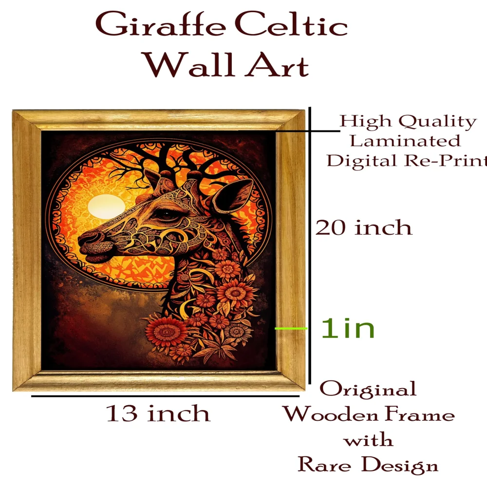 Celtic Giraffe Wall Art, 33 cm x 51 cm, Laminated Digital Print, Wooden Frame with Floral Design