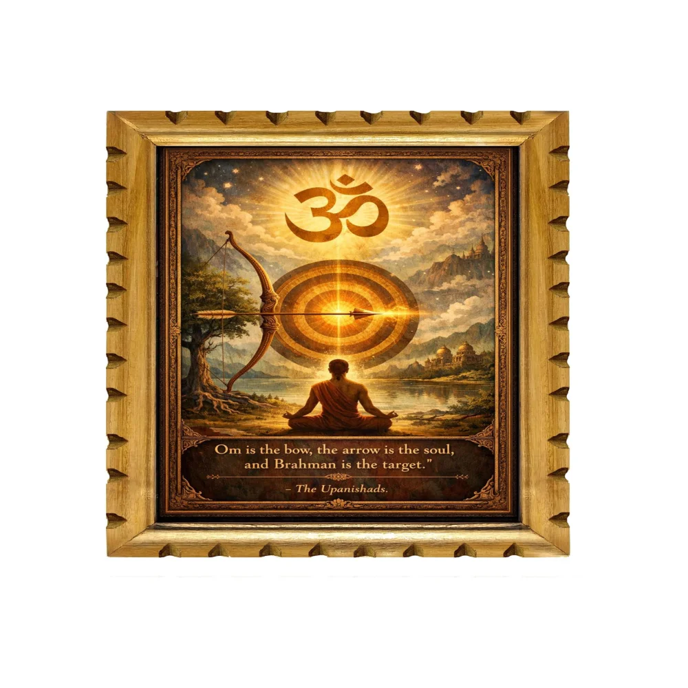 Om Symbol Spiritual Wall Art with Wooden Frame, Original Carved Design, 300 GSM Digital Print Film Laminated, 14x20 Inch, Upanishads Quote