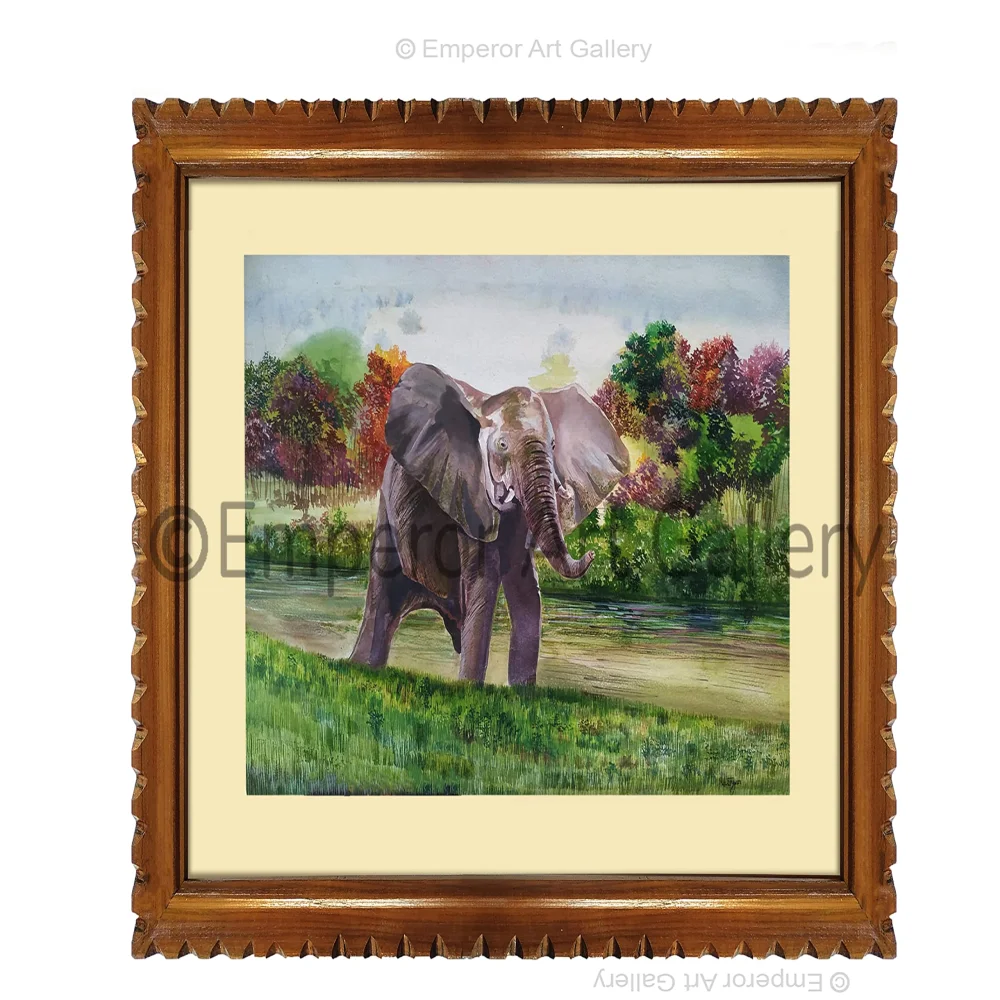 EMPEROR ART GALLERY, ''Elephant'' Original Handmade Water Painting With Teak Wood Frame For Wall(29.4x23) In
