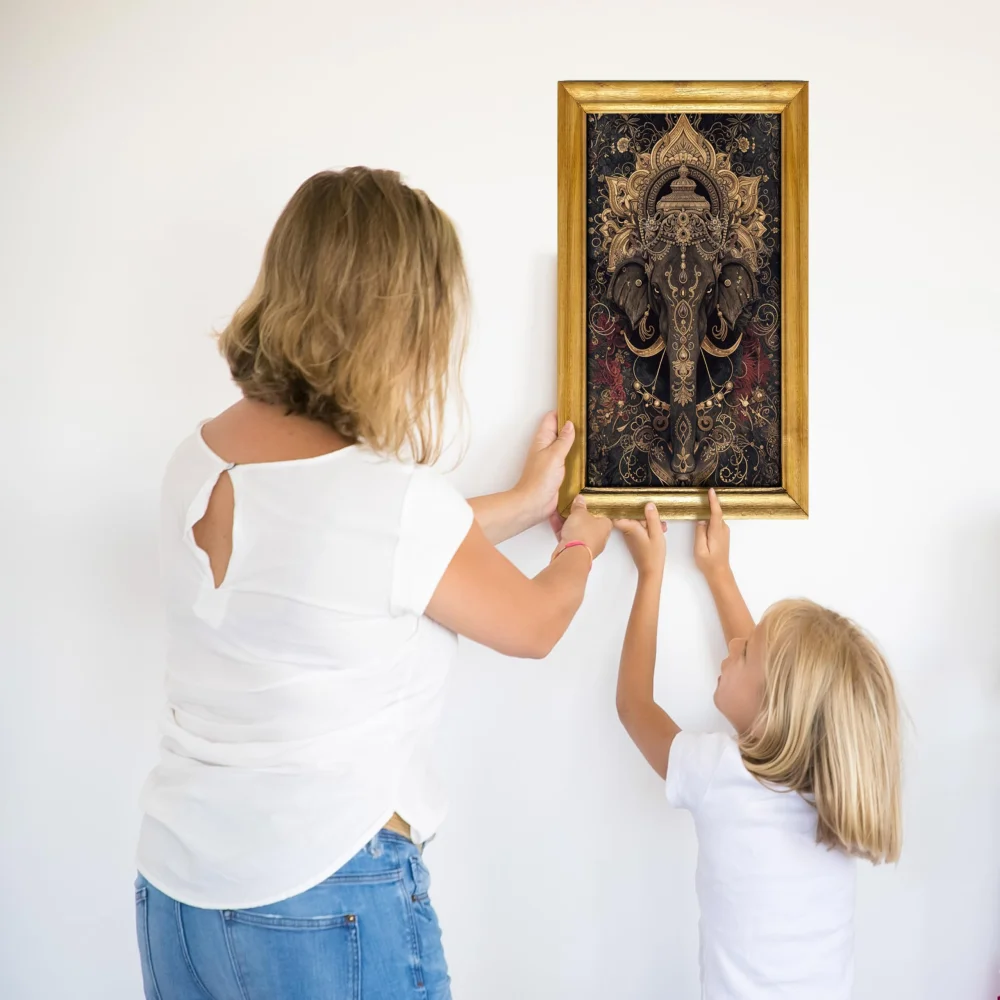 Celtic Elephant Wall Art, 28 x 48 cm, Laminated Digital Print, Wooden Frame, Natural colour