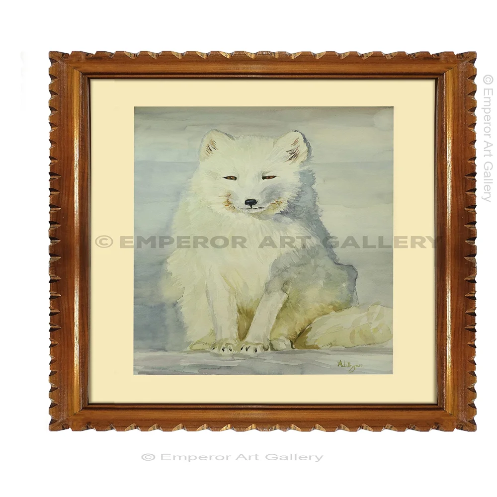 EMPEROR ART GALLERY, ''The Whitefox'' Original Handmade Water Painting With Teak Wood Frame For Wall(29.4x22.6) In