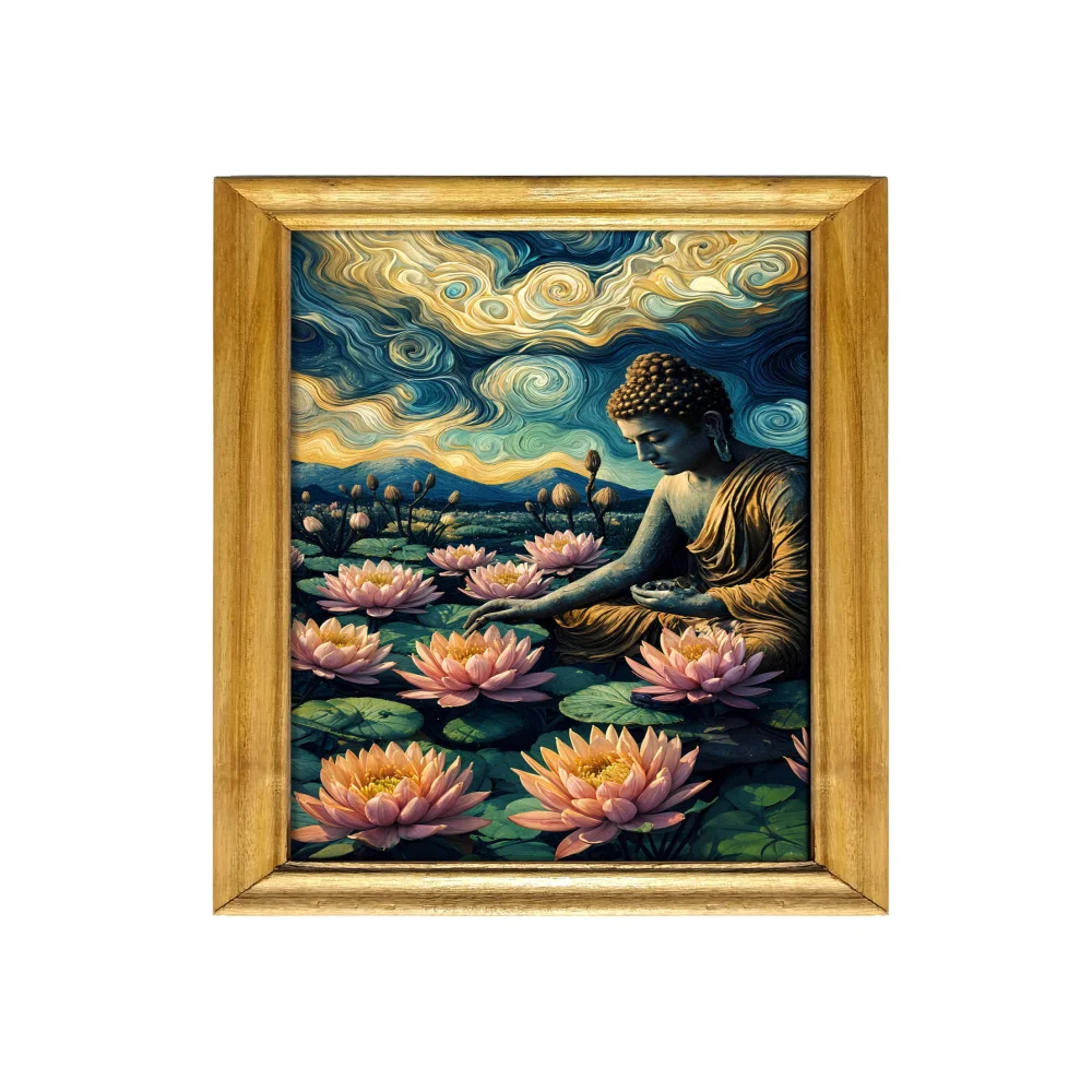 Celtic Buddha Wall Art with Lotus Design, 30.5 cm x 51 cm, natural colour Wooden Frame, Laminated Digital Print
