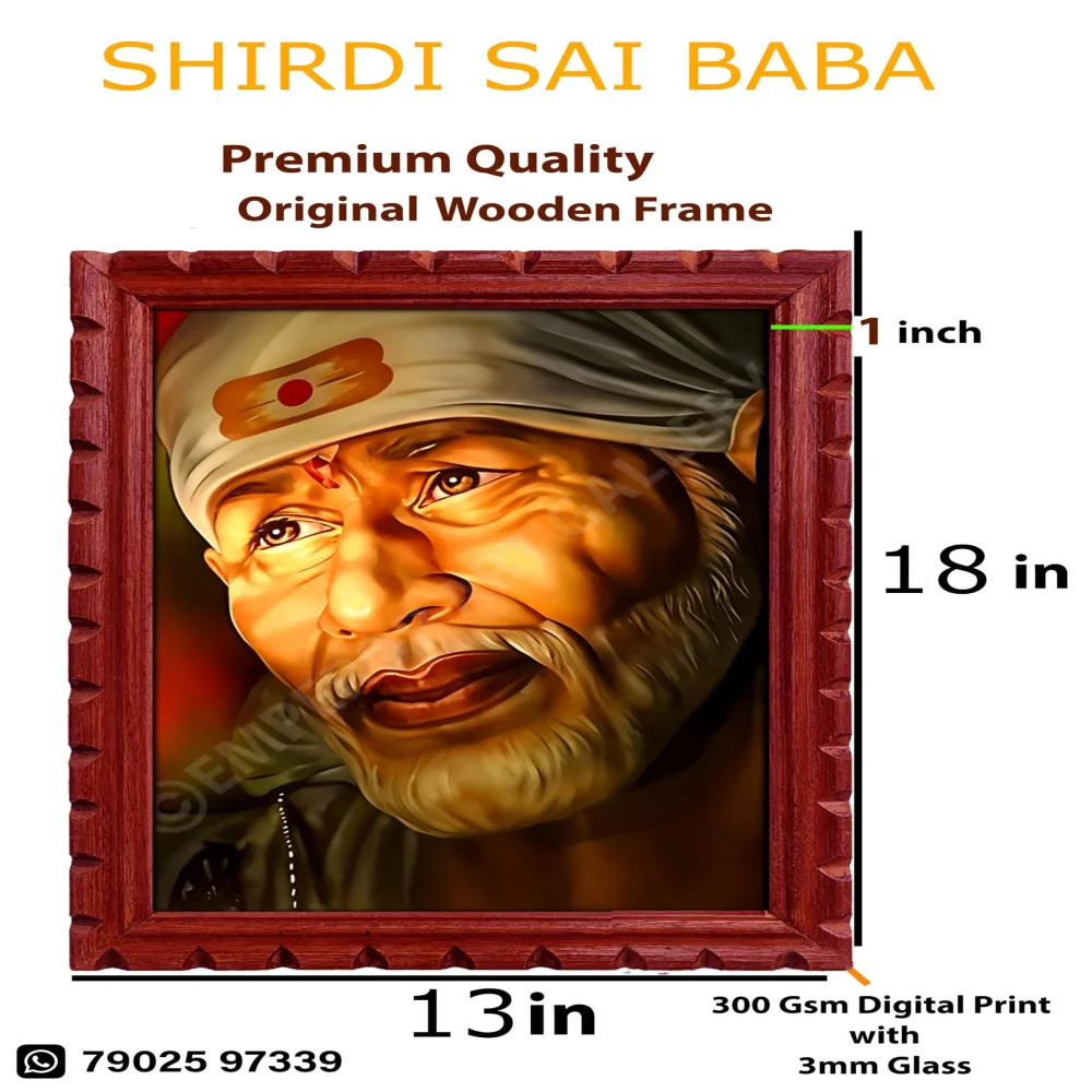 EMPEROR ART GALLERY Shirdi Sai Baba Premium Wooden Photo Frame, 33 cm x 46 cm, Black Carved Design with 3mm Glass