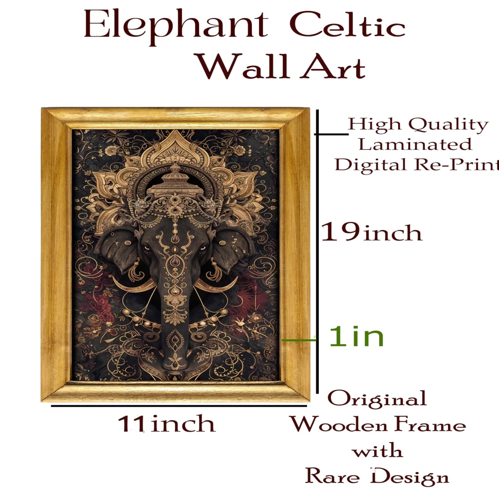 Celtic Elephant Wall Art, 28 x 48 cm, Laminated Digital Print, Wooden Frame, Natural colour