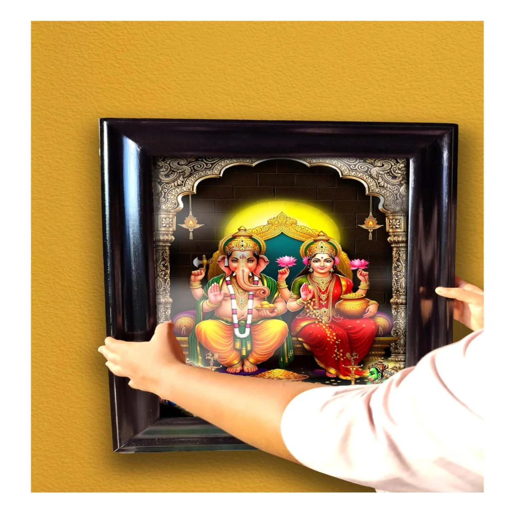 EMPEROR ART GALLERY®,Lord Ganesha and Goddess Lakshmi Wall Frame, Premium Black Polished Wooden Frame, 43.2 x 58.4 cm with 3mm Glass