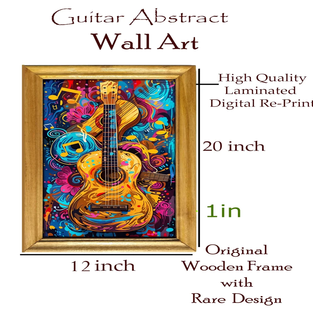 EMPEROR ART GALLERY®,Abstract Guitar Wall Art, 30.5 x 50.8 cm, Laminated Digital Print with Wooden Frame, Colourful Music Theme