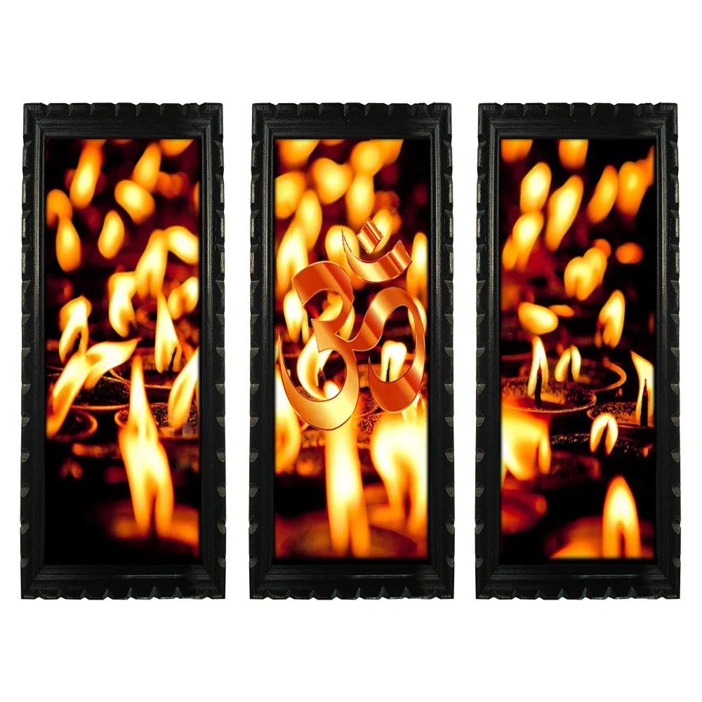 Mperor, Om Digital Re Print With Original Carved Design Wood Frame(7x13) in Peace of 3