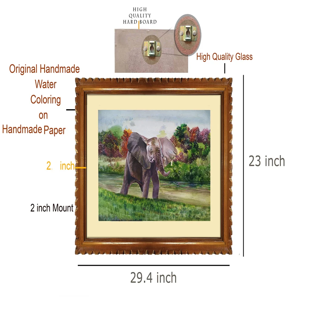 EMPEROR ART GALLERY, ''Elephant'' Original Handmade Water Painting With Teak Wood Frame For Wall(29.4x23) In