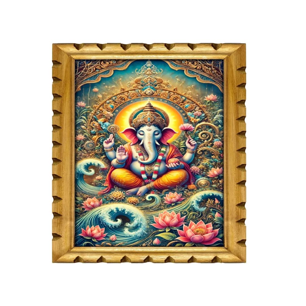 EMPEROR ART GALLERY®, Lord Ganesh Wall Frame, Premium Carved Wooden Frame, 30.5 x 50.8 cm, Digital Print with Glitter Lamination