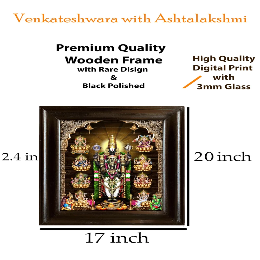 EMPEROR ART GALLERY®,Venkateshwara with Ashtalakshmi Religious Photo Frame, Premium Black Polished Wood, 43.18 x 50.8 cm, Digital Print with 3mm Glass