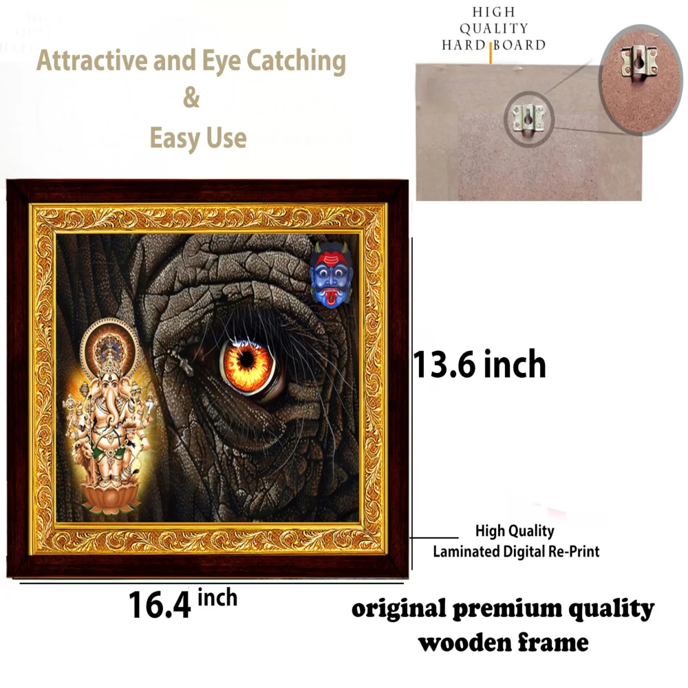 EMPEROR ART GALLERY®,Drishti Ganapathi Religious Wall Art, 16.4 x 13.6 inch, Premium Wooden Frame with Gold Border, Laminated Digital Print