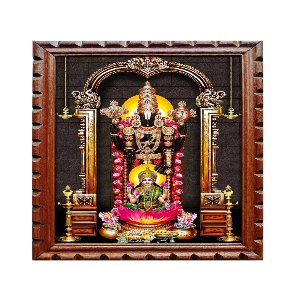 EMPEROR ART GALLERY®,Lord Venkateswara and Lakshmi Religious Photo Frame, Premium Wooden Frame with Carved Design, 14 x 10.7 inches, 300 GSM Digital Print