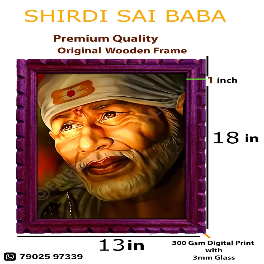 EMPEROR ART GALLERY Shirdi Sai Baba Premium Wooden Photo Frame, 33 cm x 46 cm, Black Carved Design with 3mm Glass