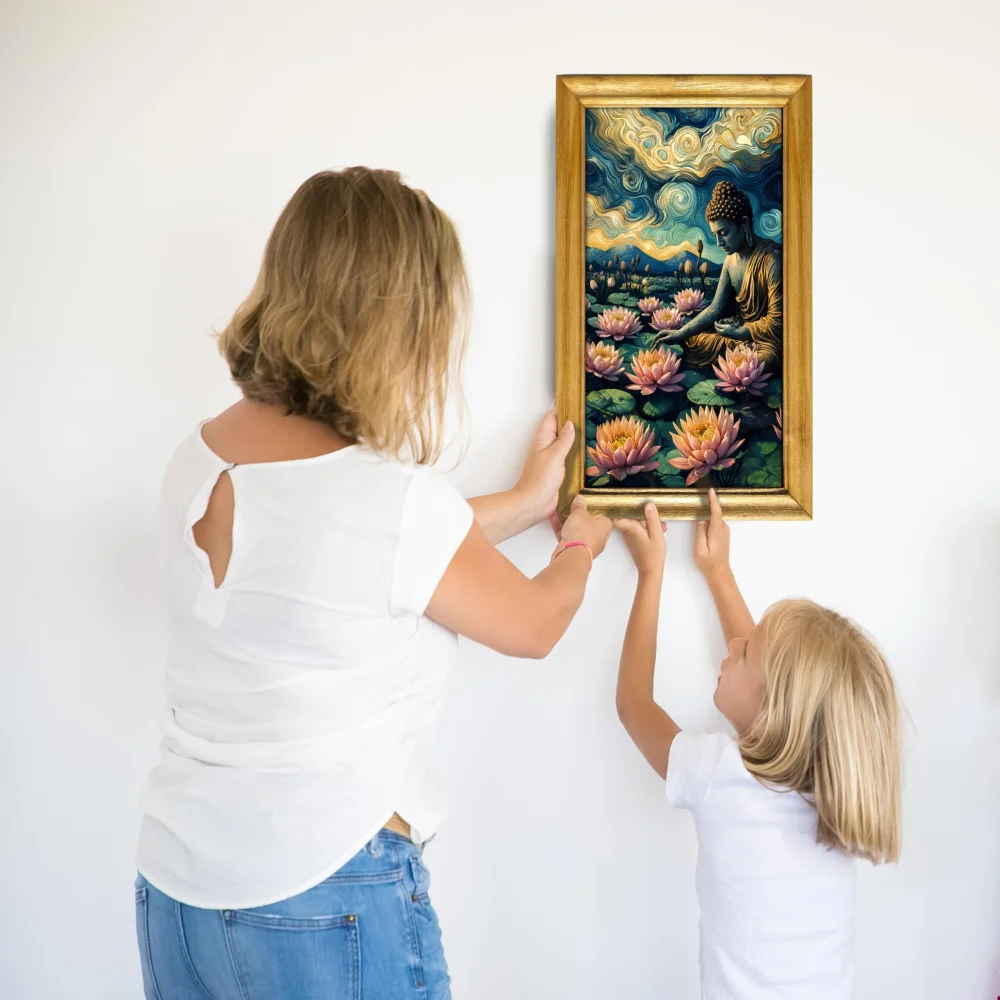 Celtic Buddha Wall Art with Lotus Design, 30.5 cm x 51 cm, natural colour Wooden Frame, Laminated Digital Print