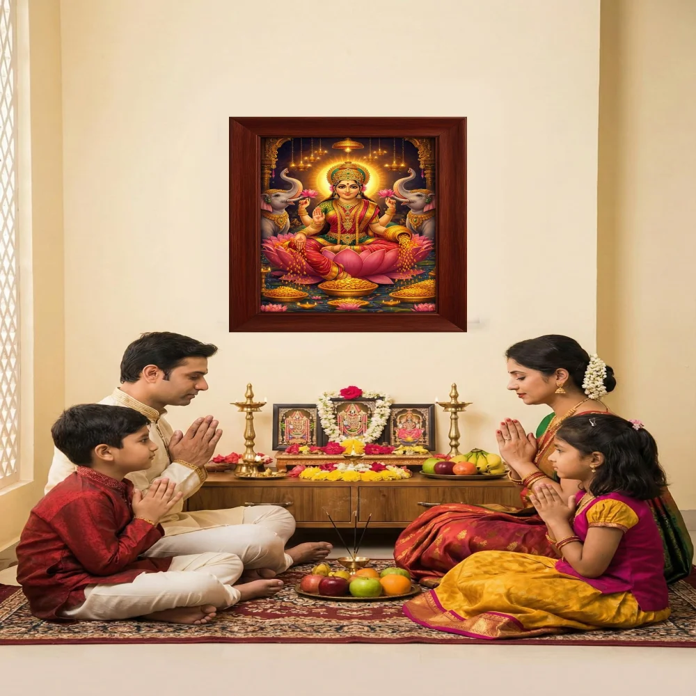 EMPEROR ART GALLERY, Goddess Lakshmi Wall Art, Premium Wooden Frame, Film Laminated Digital Print, 16.3 x 22.6 inches, Divine Festival Decor