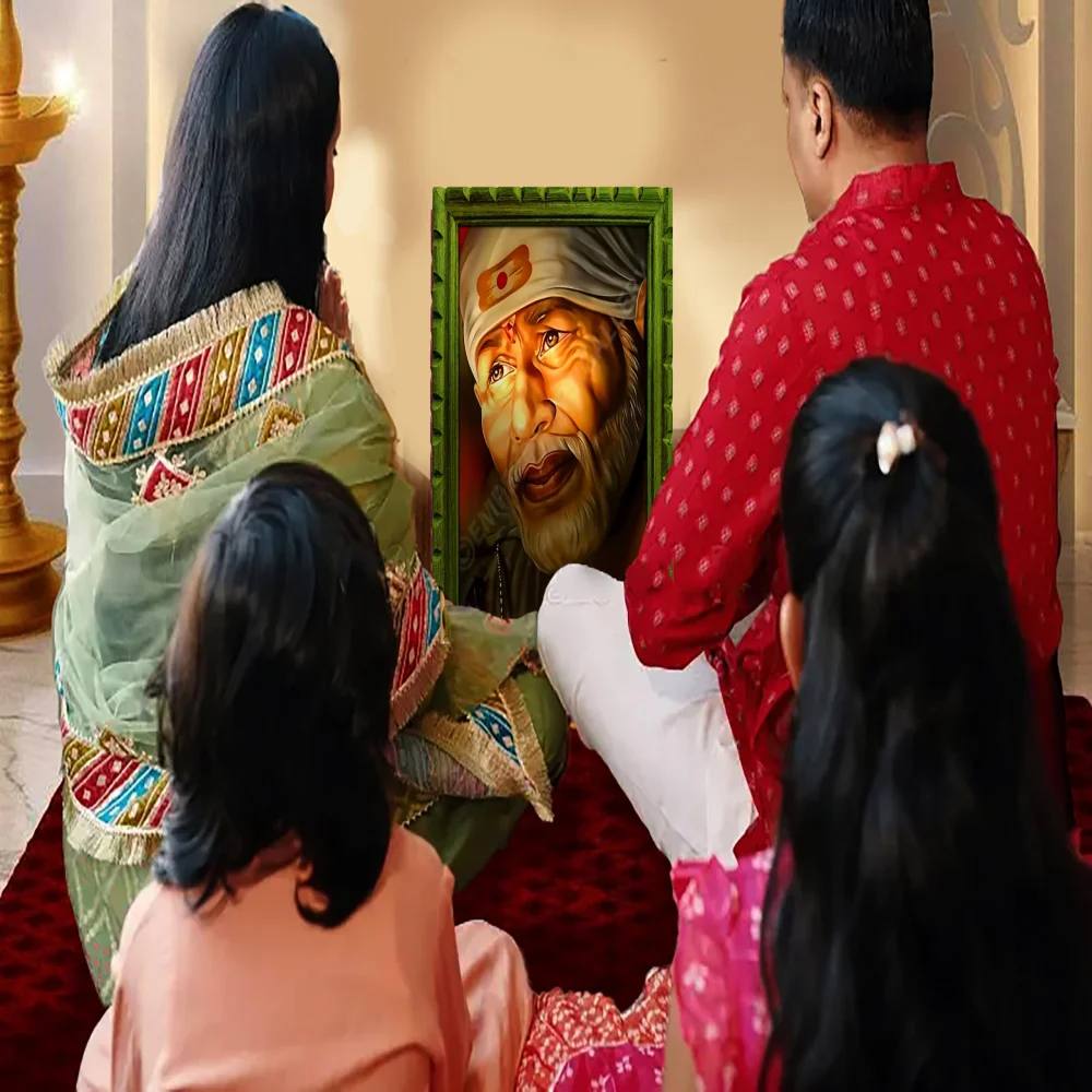 EMPEROR ART GALLERY Shirdi Sai Baba Premium Wooden Photo Frame, 33 cm x 46 cm, Black Carved Design with 3mm Glass