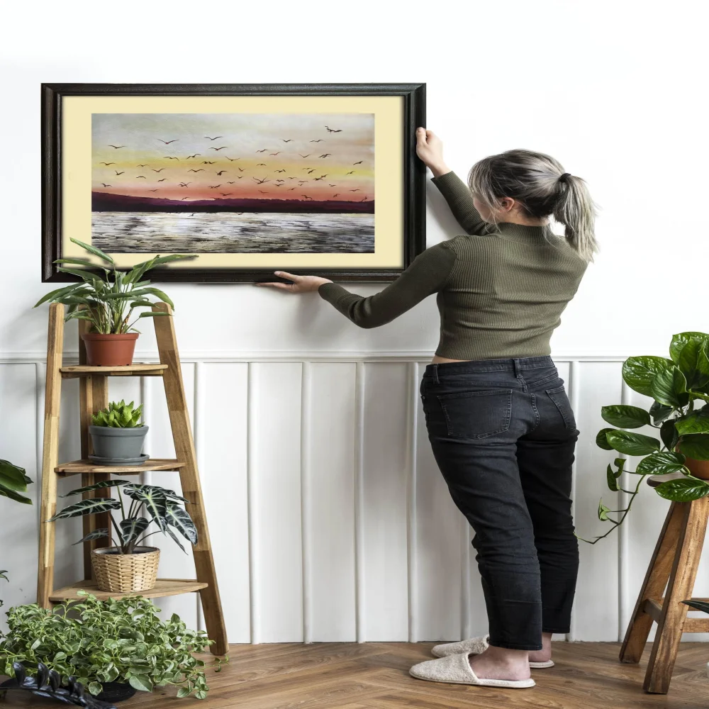 EMPEROR ART GALLERY®,Sunset Lake Canvas Wall Art with Premium Wooden Frame, 24 x 19 inch, Birds in Flight Landscape Painting