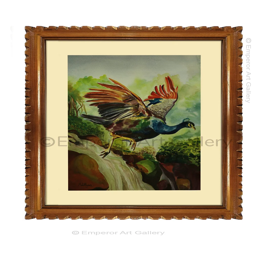 EMPEROR ART GALLERY, ''Pikok'' Original Handmade Water Painting With Teak Wood Frame For Wall(29.4x23) In