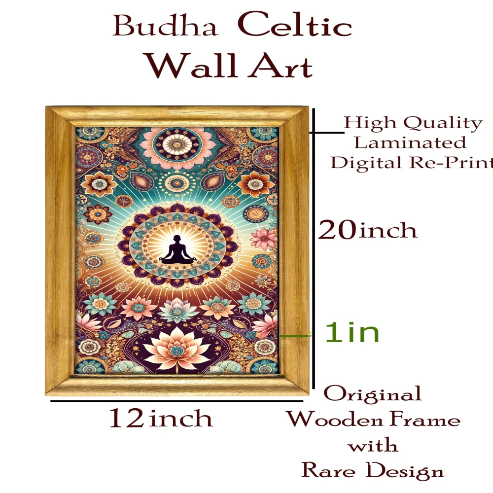 Buddha Celtic Wall Art, 30.5 cm x 50.8 cm, Wooden Frame, Laminated Digital Print, Mandala Lotus Design
