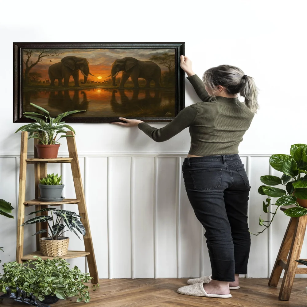 EMPEROR ART GALLERY®, African Elephants Sunset Canvas Wall Art with Premium Wooden Frame, 23 x 16 inches, Black Frame