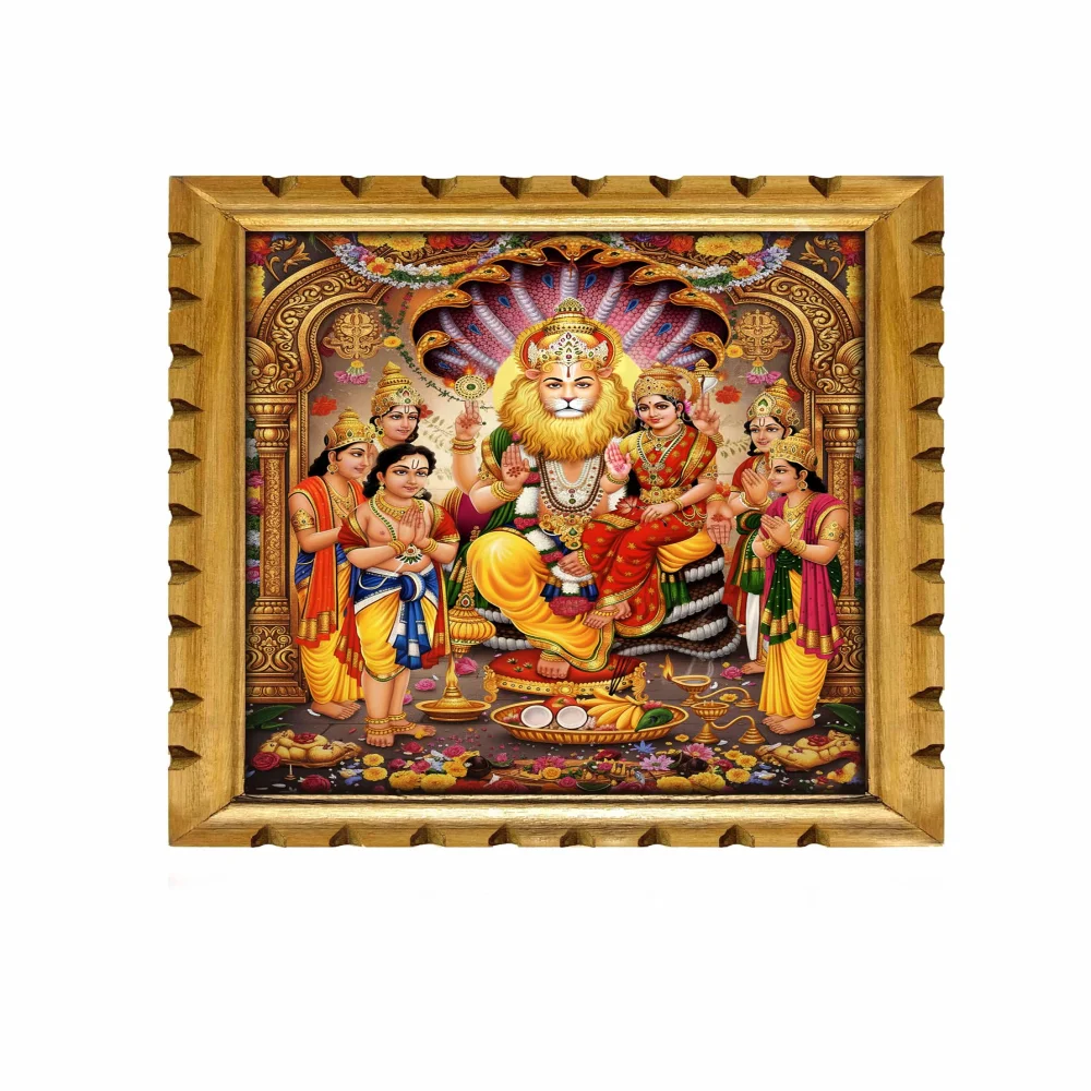 Lord Narasimha Swamy Digital Print with Wooden Frame, Hindu Religious Wall Art, Film Laminated, 14 x 17 inches, Gold Frame with Temple Design
