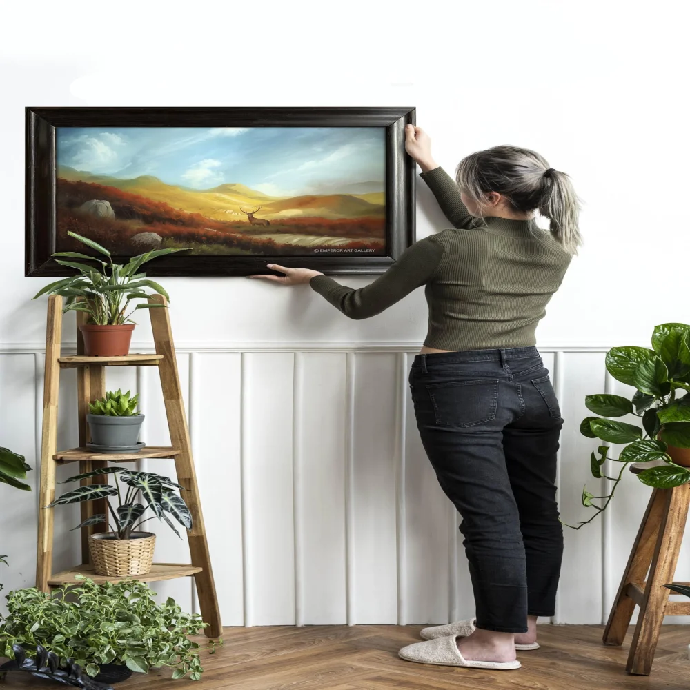 EMPEROR ART GALLERY®,Premium Canvas Wall Art with Black Wooden Frame, Mountain Landscape with Deer, 99 x 62 cm