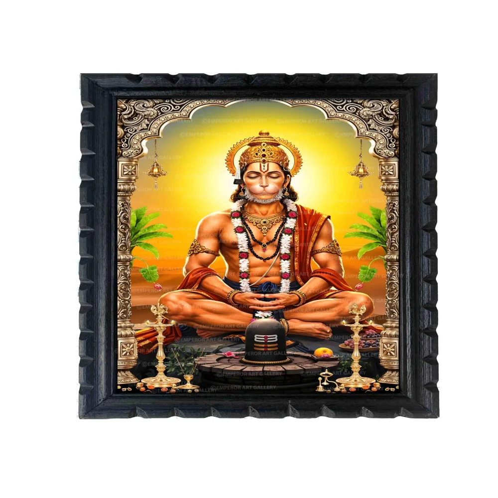 EMPEROR ART GALLERY Lord Hanuman Premium Wooden Frame with Digital Print, 33 cm x 51 cm, Black Frame with Glass