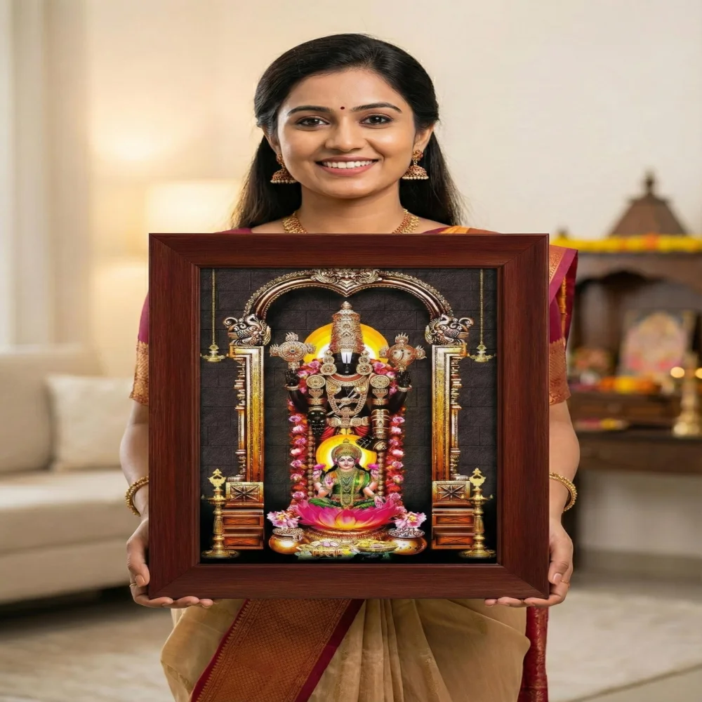 EMPEROR ART GALLERY Lord Venkateswara Swamy Divine Photo Frame, Premium Wooden Frame with Film Laminated Print, 16.6 x 21.8 inches, Religious Wall Decor