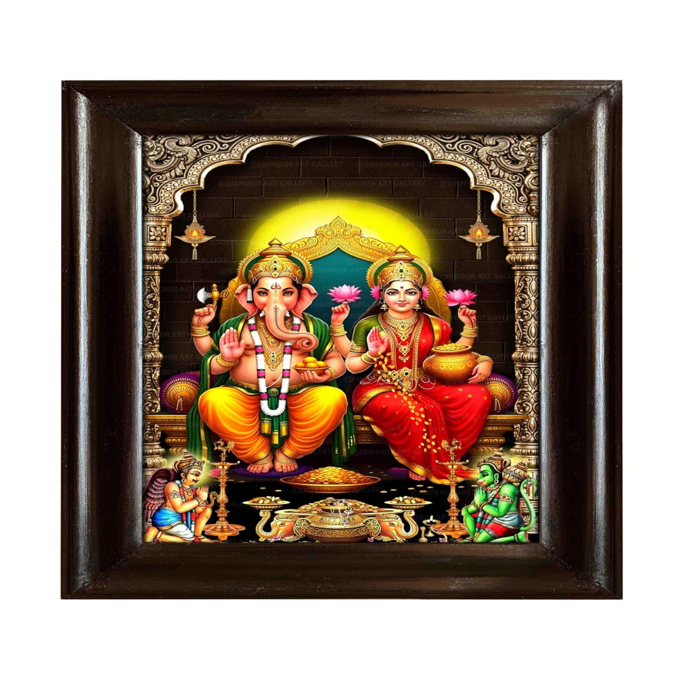 EMPEROR ART GALLERY®,Lord Ganesha and Goddess Lakshmi Wall Frame, Premium Black Polished Wooden Frame, 43.2 x 58.4 cm with 3mm Glass