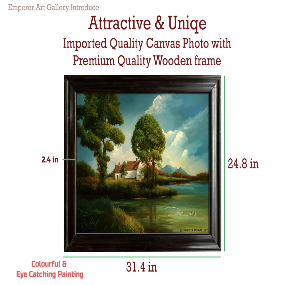 EMPEROR ART GALLERY®,Landscape Canvas Wall Art with Wooden Frame, 31.4 x 24.8 inches, Lake House Scene