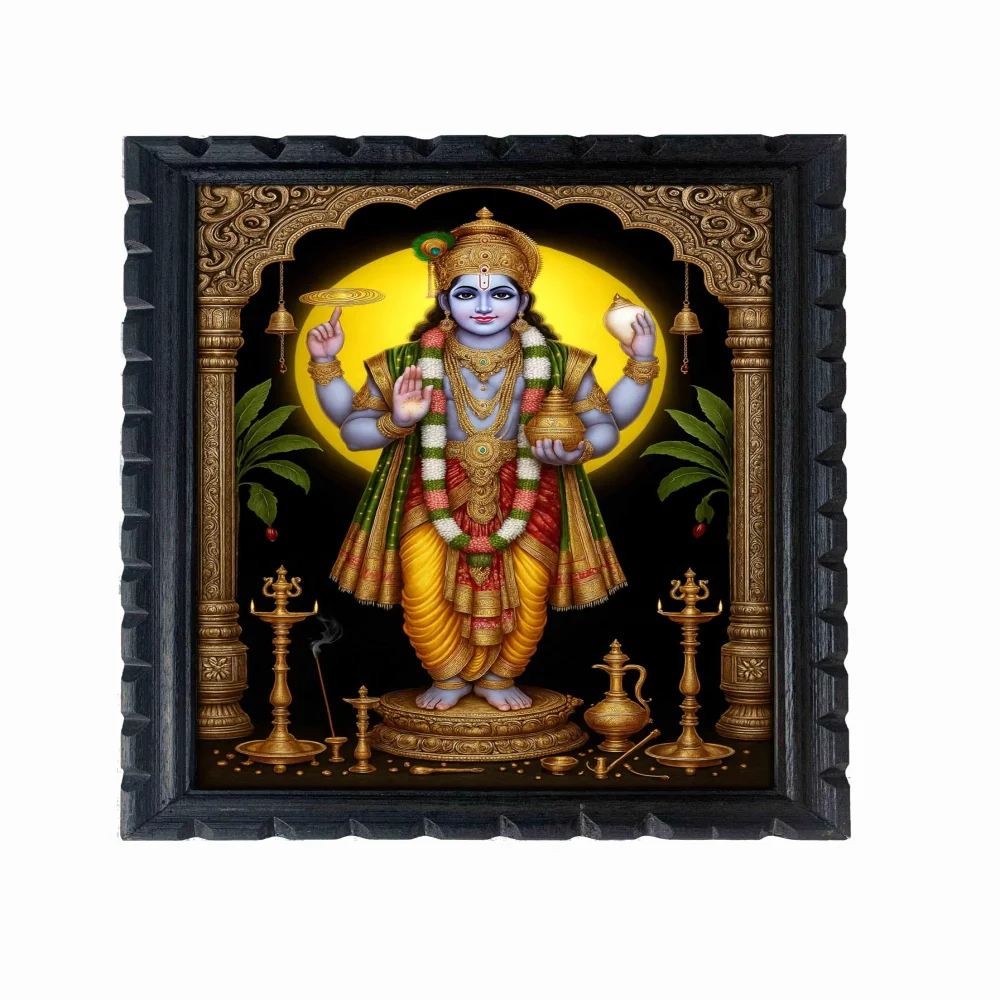 EMPEROR ART GALLERY®,Lord Dhanvantari Dev Premium Wooden Frame, 14x20 inch, Glitter Laminated Digital Print, Carved Design