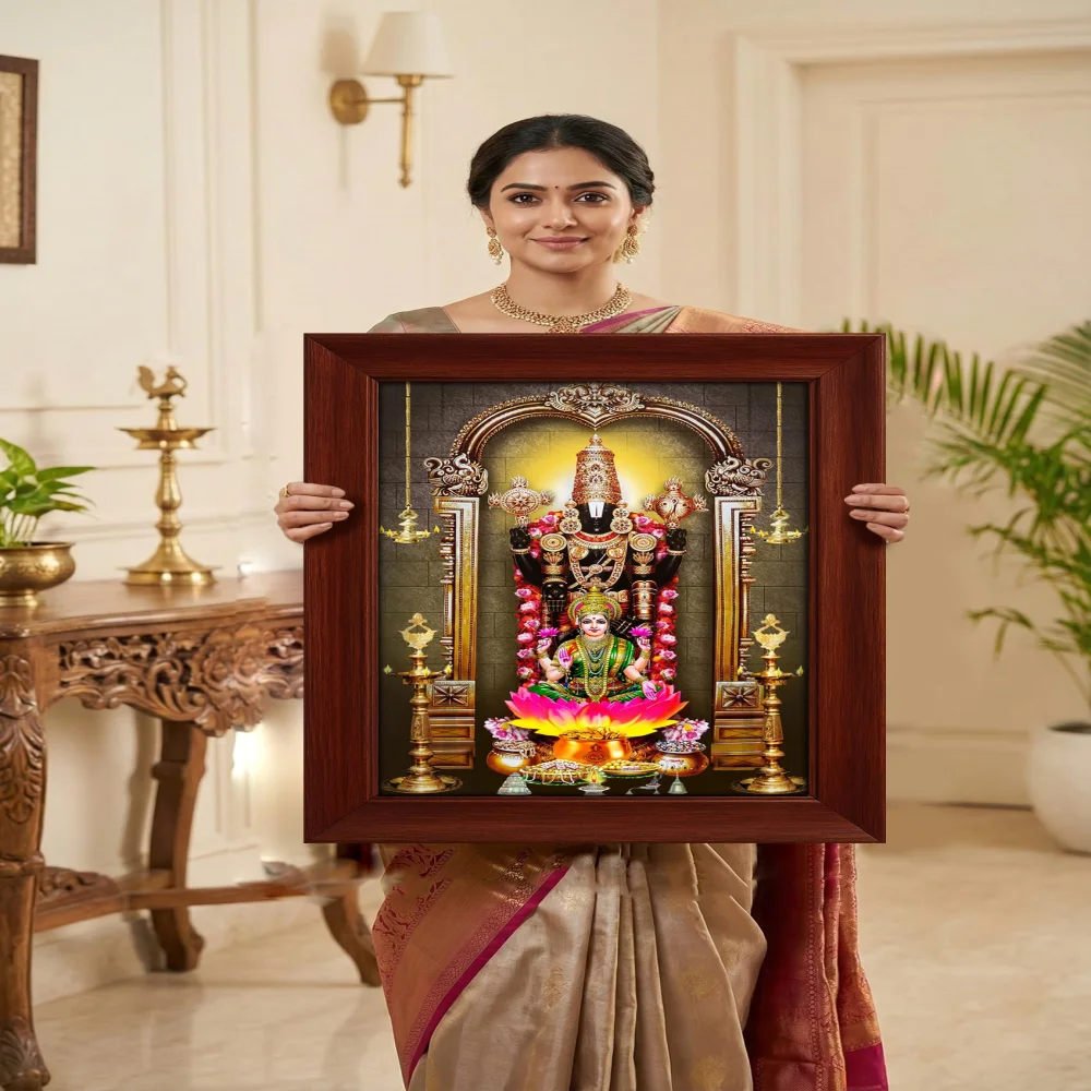 EMPEROR ART GALLERY®,Lord Venkateswara Premium Religious Photo Frame with Wooden Border, Film Laminated Digital Print, 21.8 x 16.6 inch, Temple Design