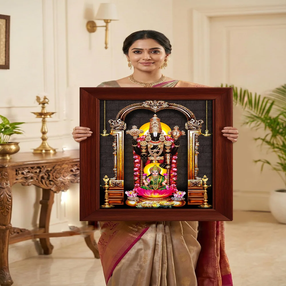 EMPEROR ART GALLERY Lord Venkateswara Swamy Divine Photo Frame, Premium Wooden Frame with Film Laminated Print, 16.6 x 21.8 inches, Religious Wall Decor