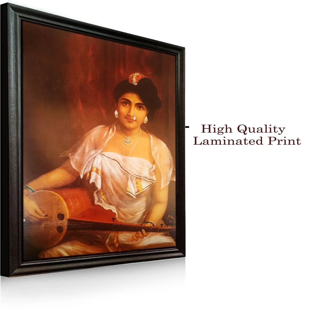 Mperor, ''Lady Playing With Veena'' Laminated Digital Re-Print With Wood Frame(28x18) in