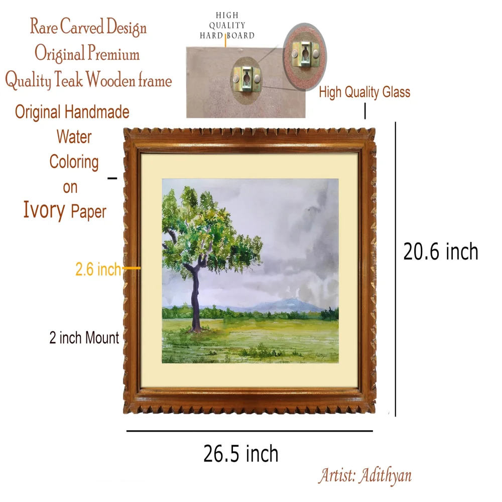EMPEROR ART GALLERY®,Handmade Watercolour Landscape Painting with Carved Teak Frame, 26.5 x 20.6 inches, Original Premium Artwork on Ivory Paper