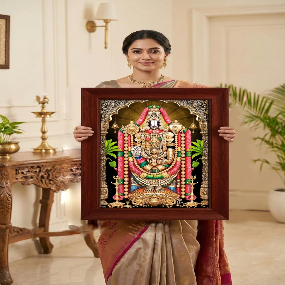 EMPEROR ART GALLERY®,Lord Venkateswara Swamy Divine Wall Art, Premium Wooden Frame with Film Laminated Digital Photo, Traditional Temple Design, 23x17 Inches