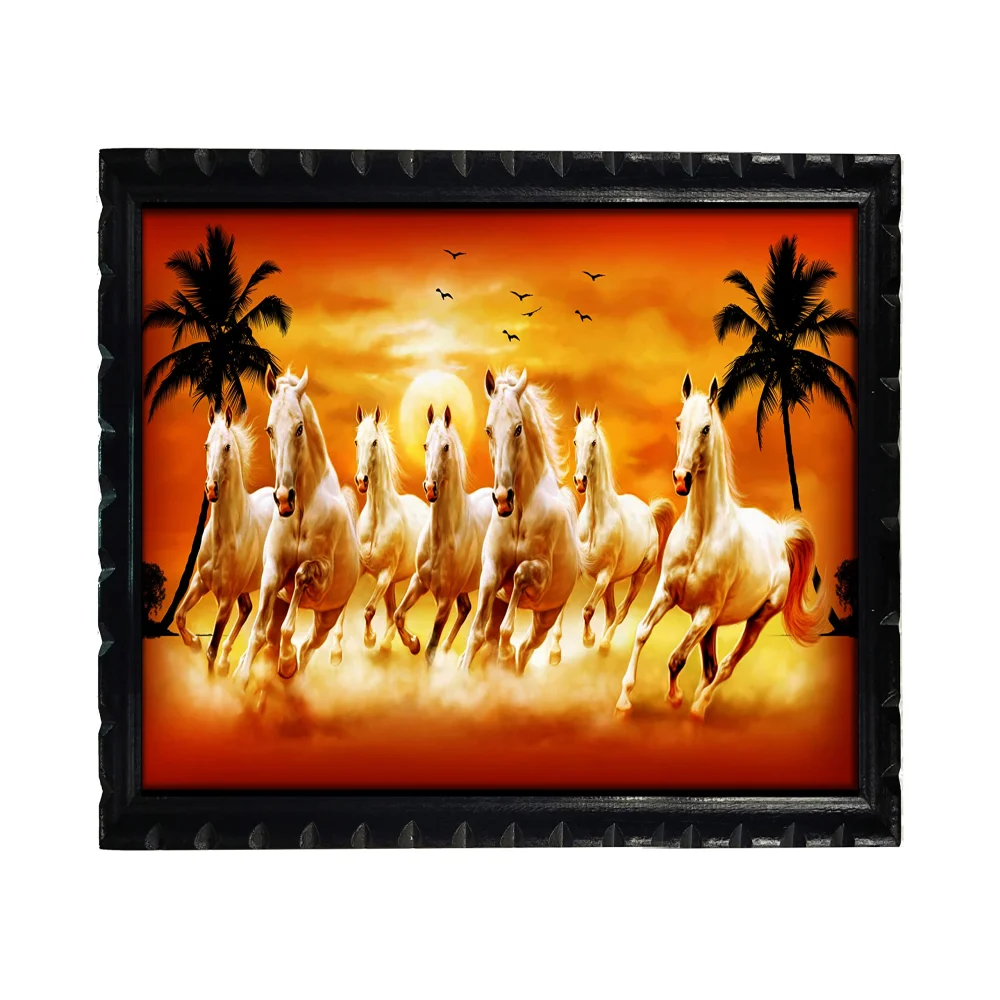 EMPEROR ART GALLERY Mperor,Seven Running Horses Vastu Wood Framed Digital Reprint 18 inch x 12 in Digital Reprint 18 inch x 12 inch Painting (With Frame)