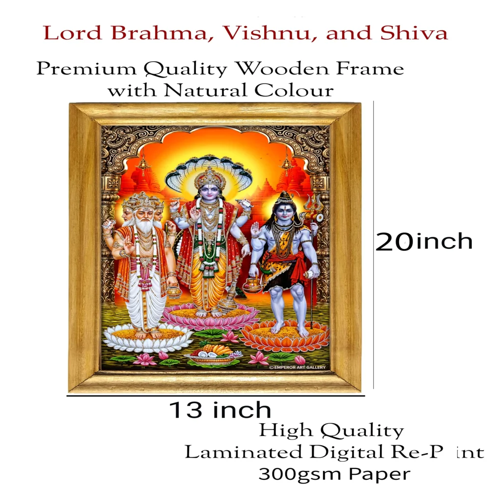 Hindu Religious Wall Art Frame with Brahma Vishnu Shiva, 33 x 51 cm, Premium Wooden Frame, Glossy Laminated Digital Print