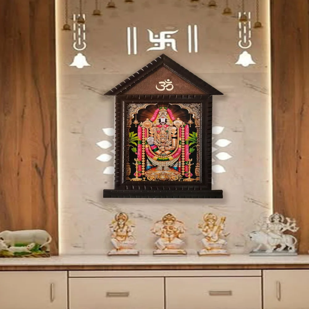 EMPEROR ART GALLERY®,Lord Venkateswara Swamy Religious Photo Frame with Premium Carved Wooden Design, Om Symbol, Temple Style, 33.4 x 19.4 Inch