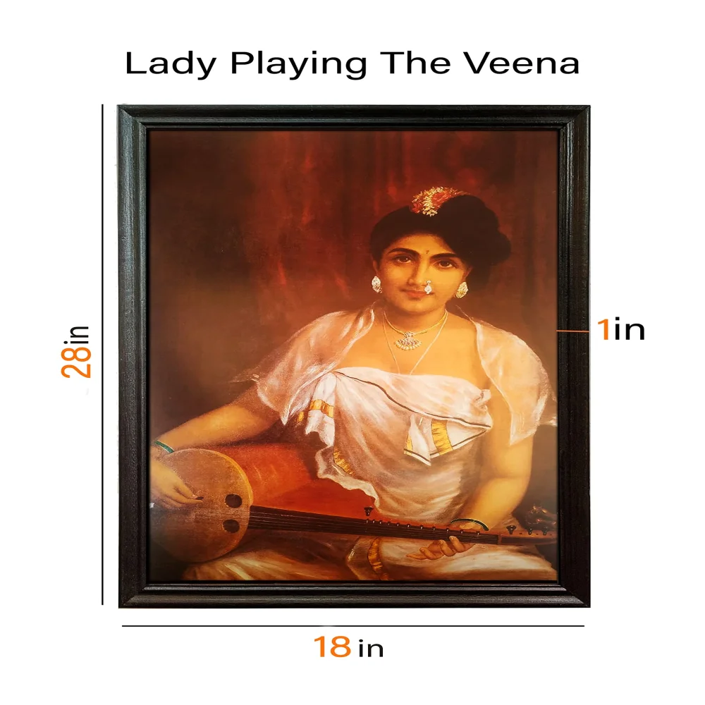 Mperor, ''Lady Playing With Veena'' Laminated Digital Re-Print With Wood Frame(28x18) in