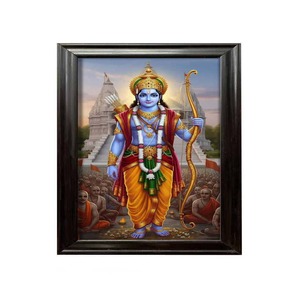 Lord Shree Ram Wooden Frame Wall Art, Film Laminated Digital Print, 43.6 x 26 Inch, Religious Decor with Luxury Designed Wooden Frame