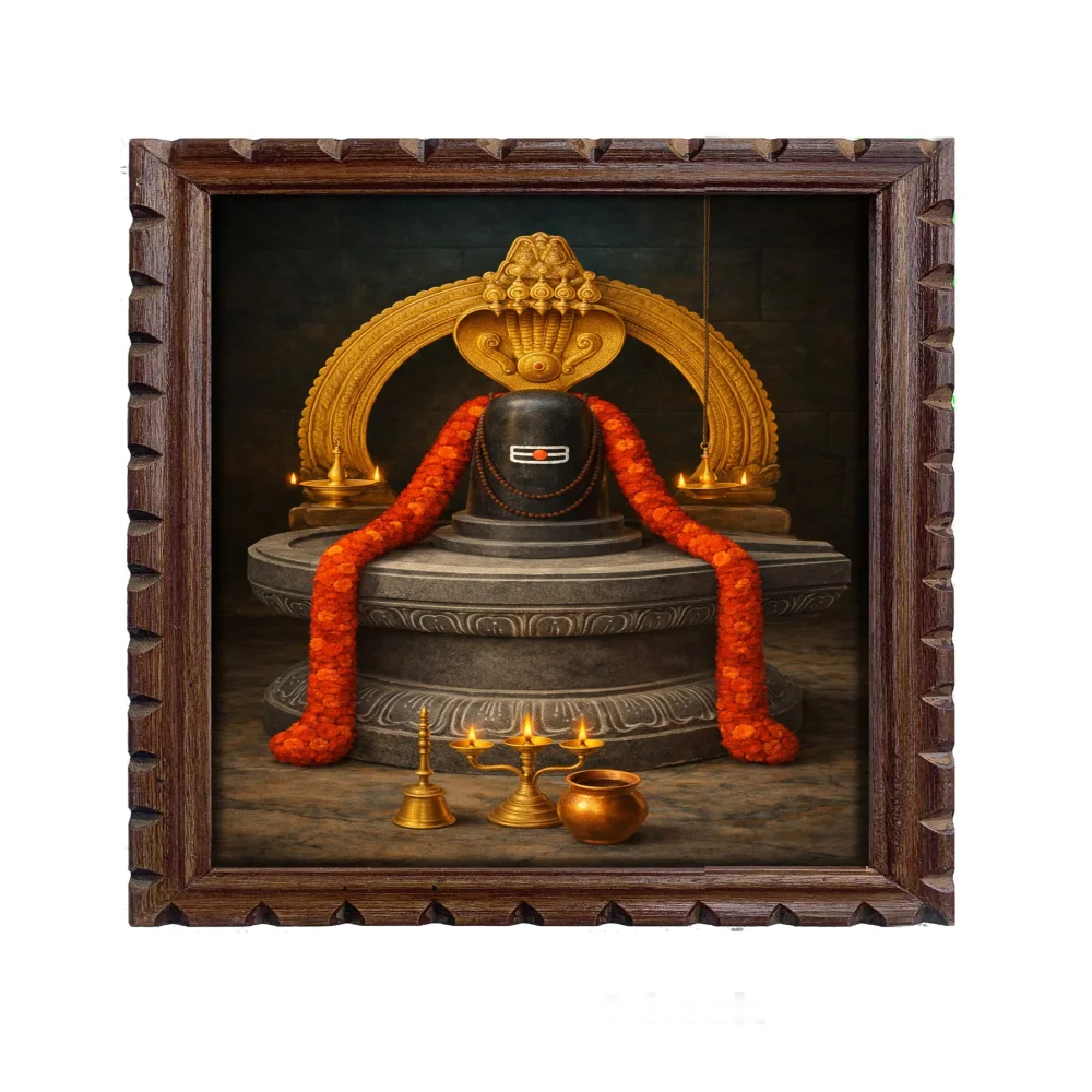 EMPEROR ART GALLERY Lord Shiva Lingam Photo Frame with Premium Wooden Carved Design, 300 GSM Digital Print with 3mm Glass, 10.4 x 14.6 Inches, Made in India
