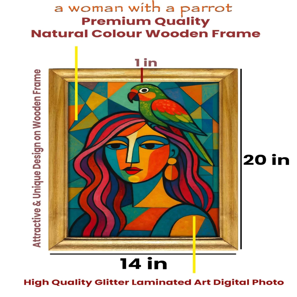 EMPEROR ART GALLERY®,Abstract Portrait with Parrot Wall Art, 35.5 x 50.8 cm, Natural Wooden Frame, Glitter Laminated Digital Print
