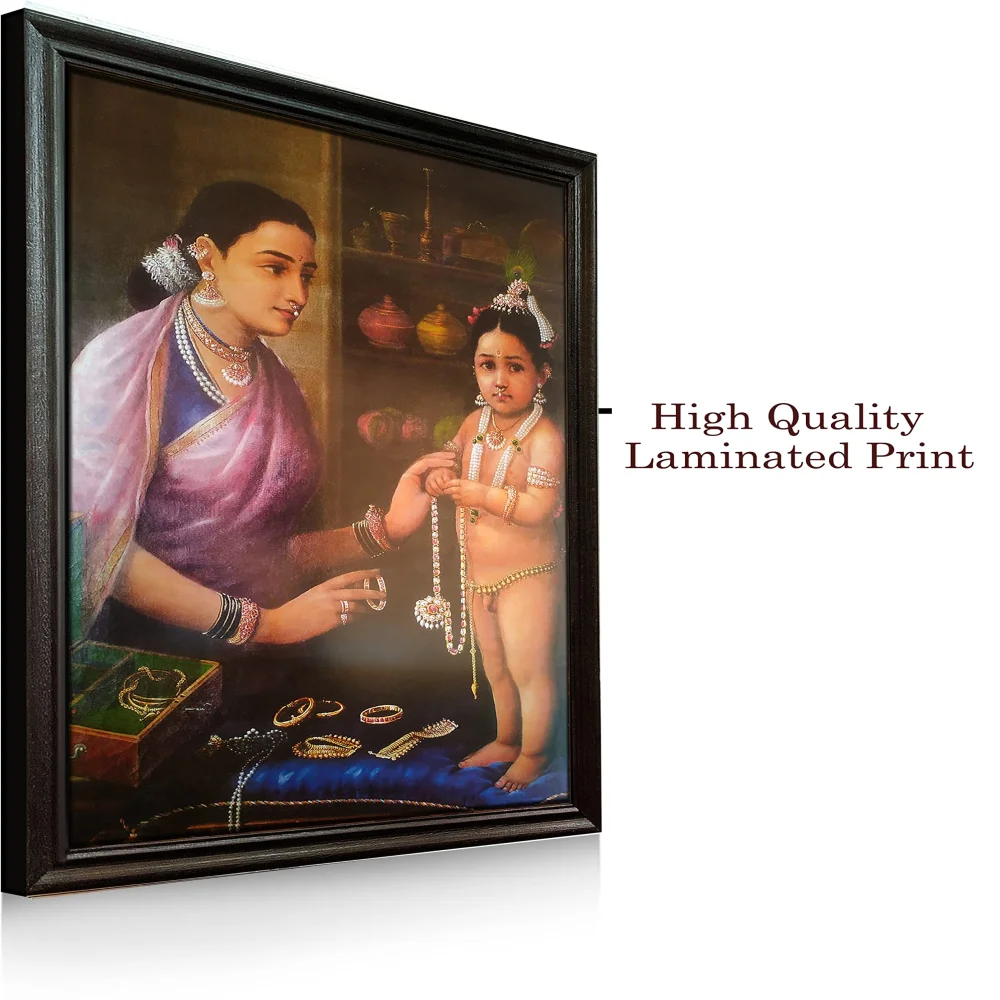 Mperor, ''Yesodha Adorning Krishna'' Laminated Digital Re-Print with Wood Frame(30x20) in Black