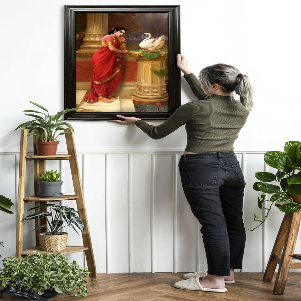 Hamsa Damandi Classical Indian Art Canvas Print with Premium Wooden Frame, 62.2 x 95.3 cm